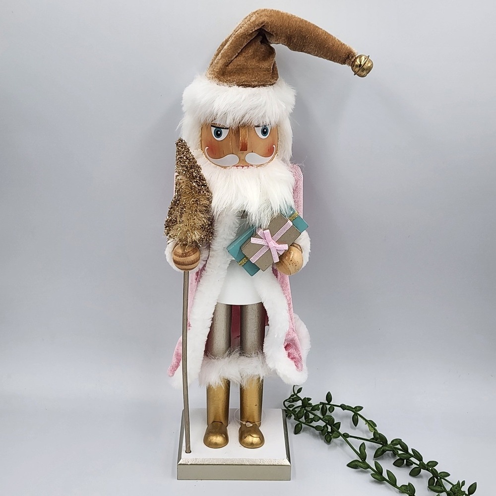 Pink Santa Velvet Nutcracker Gold Holiday Decor 15" Christmas Figurine Wood NEW